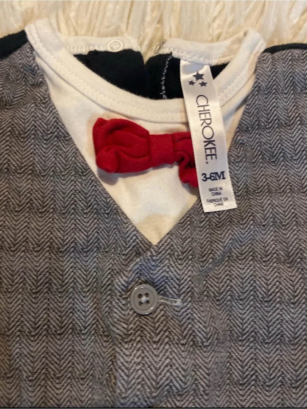 Cherokee boys 3-6 month onesie suit outfit with Gray Vest and Red Bow